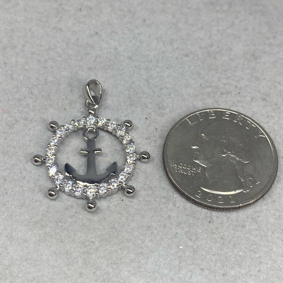 Sterling Silver Ships Wheel with Anchor Pendant with Cubic Zirconia - Picture 3 of 5